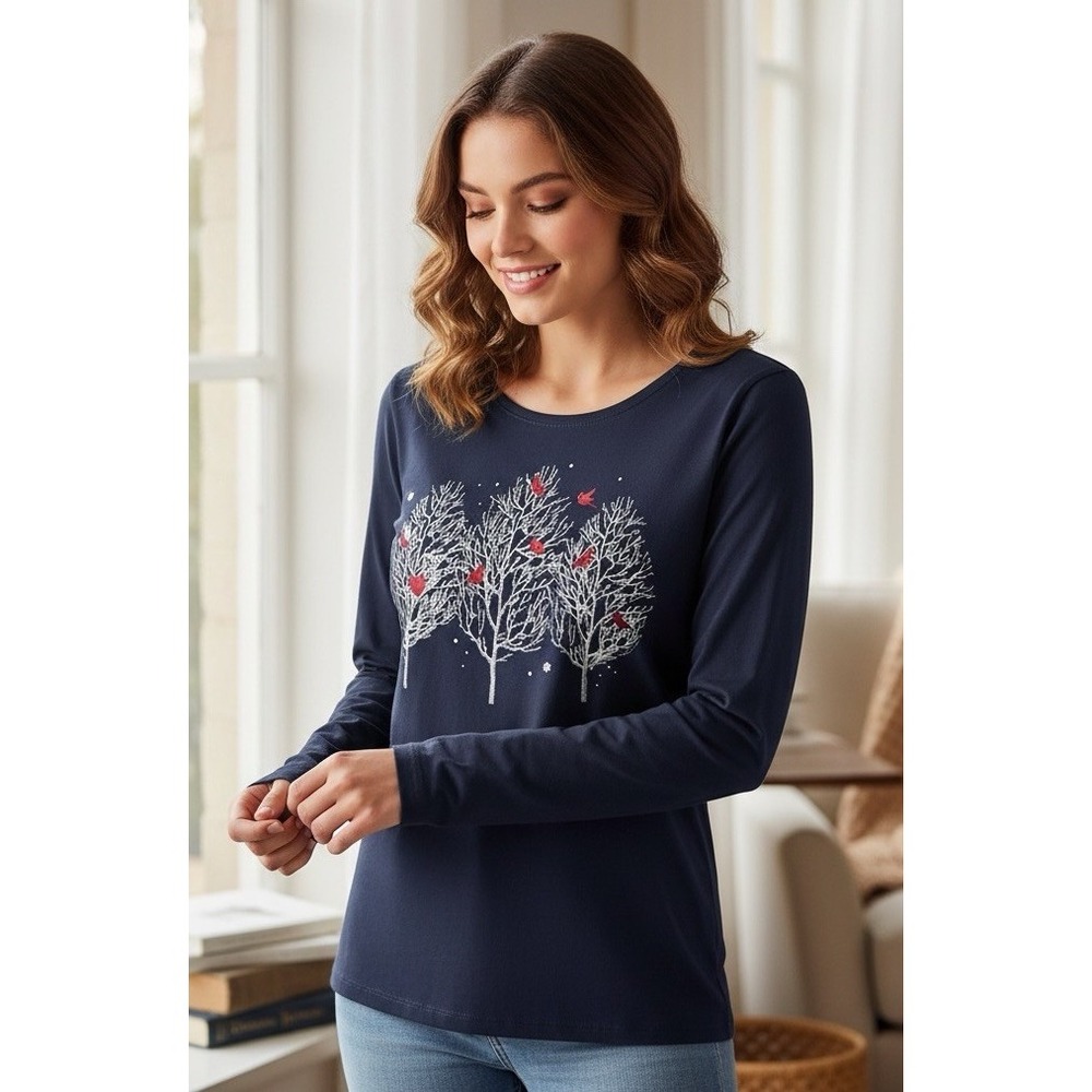 Holiday Time Womens XL Blue Sapphire Cardinal Trees Winter Long Sleeve Tee